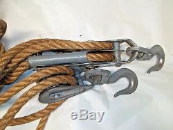 Vintage Double Metal Working Block and Tackle Pulleys Original Rope, Ship / Farm