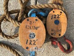 Vintage Double Wooden Wood 2 Pulleys Block with 350' Feet HEAVY DUTY ROPE