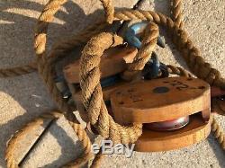 Vintage Double Wooden Wood 2 Pulleys Block with 350' Feet HEAVY DUTY ROPE