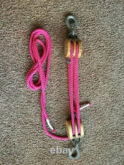 Vintage Dual Pulleys Wooden Block And Tackle with Hooks rope in HOT PINK