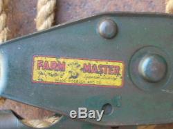 Vintage FARM MASTER Barn Block &Tackle Double Pulley System & Rope Original