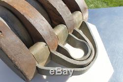 Vintage Large 3 Pulley Wood & Brass Block Tackle 3-Pulley 49 lbs Barn Farm Ship