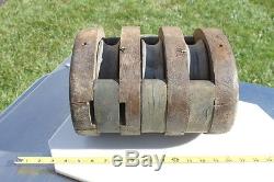 Vintage Large 3 Pulley Wood & Brass Block Tackle 3-Pulley 49 lbs Barn Farm Ship
