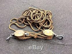 Vintage Large Old Farm Block & Tackle Set with150 Ft of 1 Inch Hemp Rope