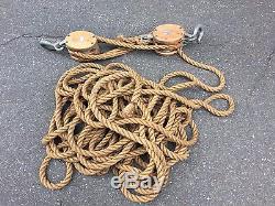 Vintage Large Old Farm Block & Tackle Set with150 Ft of 1 Inch Hemp Rope