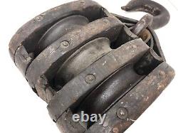 Vintage Metal & Wood Triple Wheel Pulley Hook