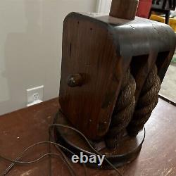 Vintage Nautical Block and Tackle Pulley Table Lamp Large Heavy Wood With Shade