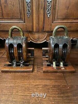 Vintage Nautical Bookends Wood and Brass Block & Tackle Style