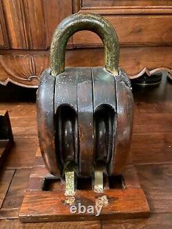 Vintage Nautical Bookends Wood and Brass Block & Tackle Style