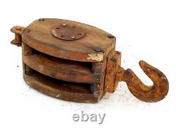 Vintage Nautical Maritime Large Wooden Pulley Rustic Barn Iron Hook Block Tackle