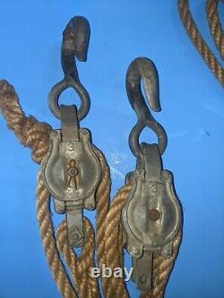 Vintage Pair Bell System 3 Pullies Block & Tackle Pully Snatchblock