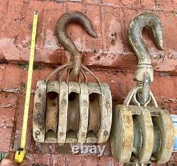 Vintage Pulley Block And Tackle Set, Wood And Steel