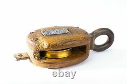 Vintage Pulley Tackle Block in Wood and Brass Hoist Rope Crane