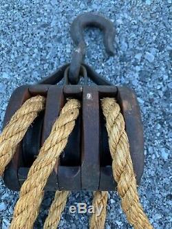 Vintage Rope Hoist, Old Barn Rope Pulley Block And Tackle System