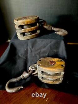 Vintage Western Block Co. Double Sheave Wooden Pulley Pair Great Condition