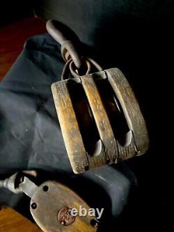 Vintage Western Block Co. Double Sheave Wooden Pulley Pair Great Condition