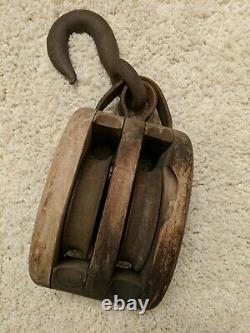 Vintage Wood Block Double Pulley with Large Hook Western Lock Co 8 COM 10 lb