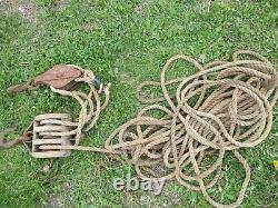 Vintage Wood Double Block & Metal Triple Pulley & Hooks & Lots of Rope STEAMPUNK