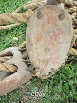 Vintage Wood Double Block Pulley & Hooks & Lots of Rope STEAMPUNK BLOCK TACKLE