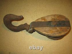 Vintage Wood and Metal Block and Tackle Nautical Single Pulley Large Hook