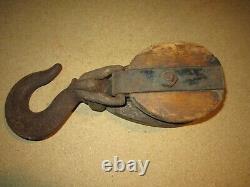 Vintage Wood and Metal Block and Tackle Nautical Single Pulley Large Hook