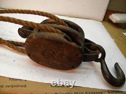 Vintage Wooden Double Pulley Block & Tackle Working set up. No cracking