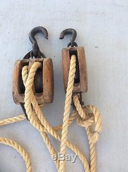 Vintage (double & single) wood & metal Block Tackle Pulley with Rope