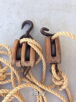 Vintage (double & single) wood & metal Block Tackle Pulley with Rope
