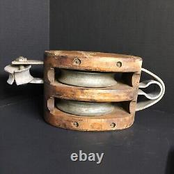 Vtg. Double Roller Bushed Wood Block & Tackle Rope Pulley Brand S