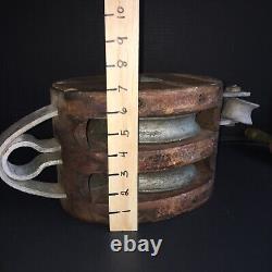 Vtg. Double Roller Bushed Wood Block & Tackle Rope Pulley Brand S