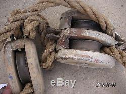 Wood Block and Tackle with 140 feet of 1 1/16 inch rope Nautical my#0770ss