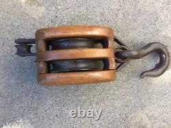 Wood / Iron Boat Ship Maritime Farm Barn Double Block & Tackle Pulley Antique