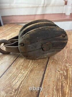 Wooden Double Block Pulley Man Cave Barn Find Ship Decor